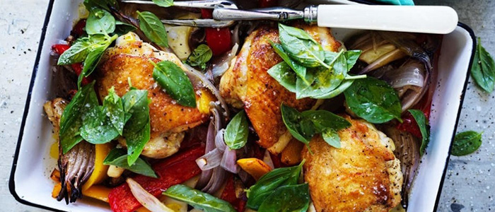 Chicken, capsicum and basil tray bake