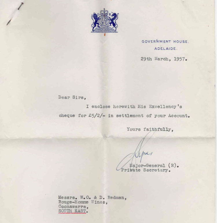 Rouge Homme Claret 1952 Receipt for Royal Family