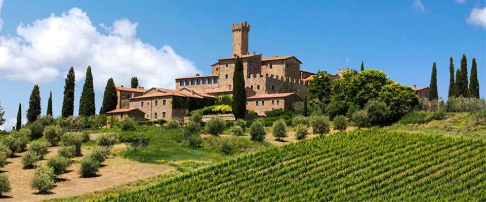 A Castle overlooking a vineyard in the Super Tuscans of Italy