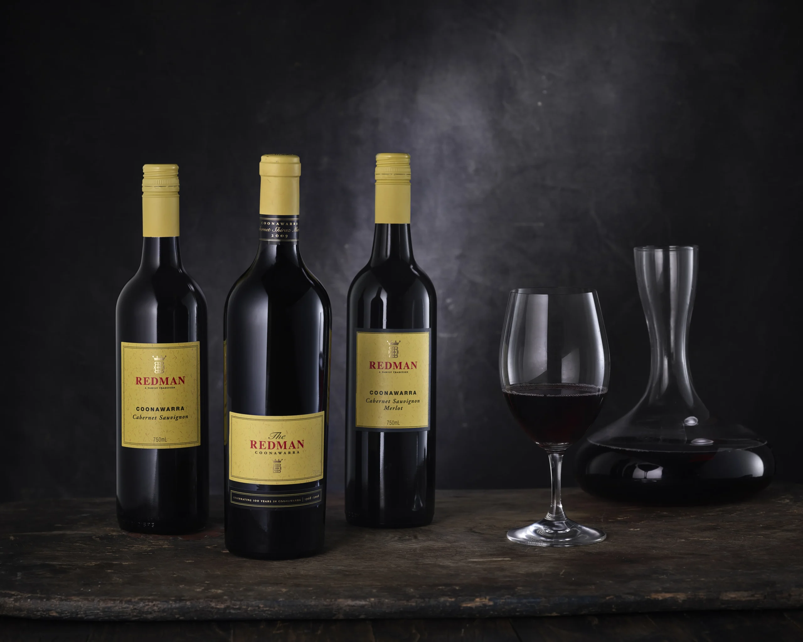 Redman wine bottles, glasses and decanter