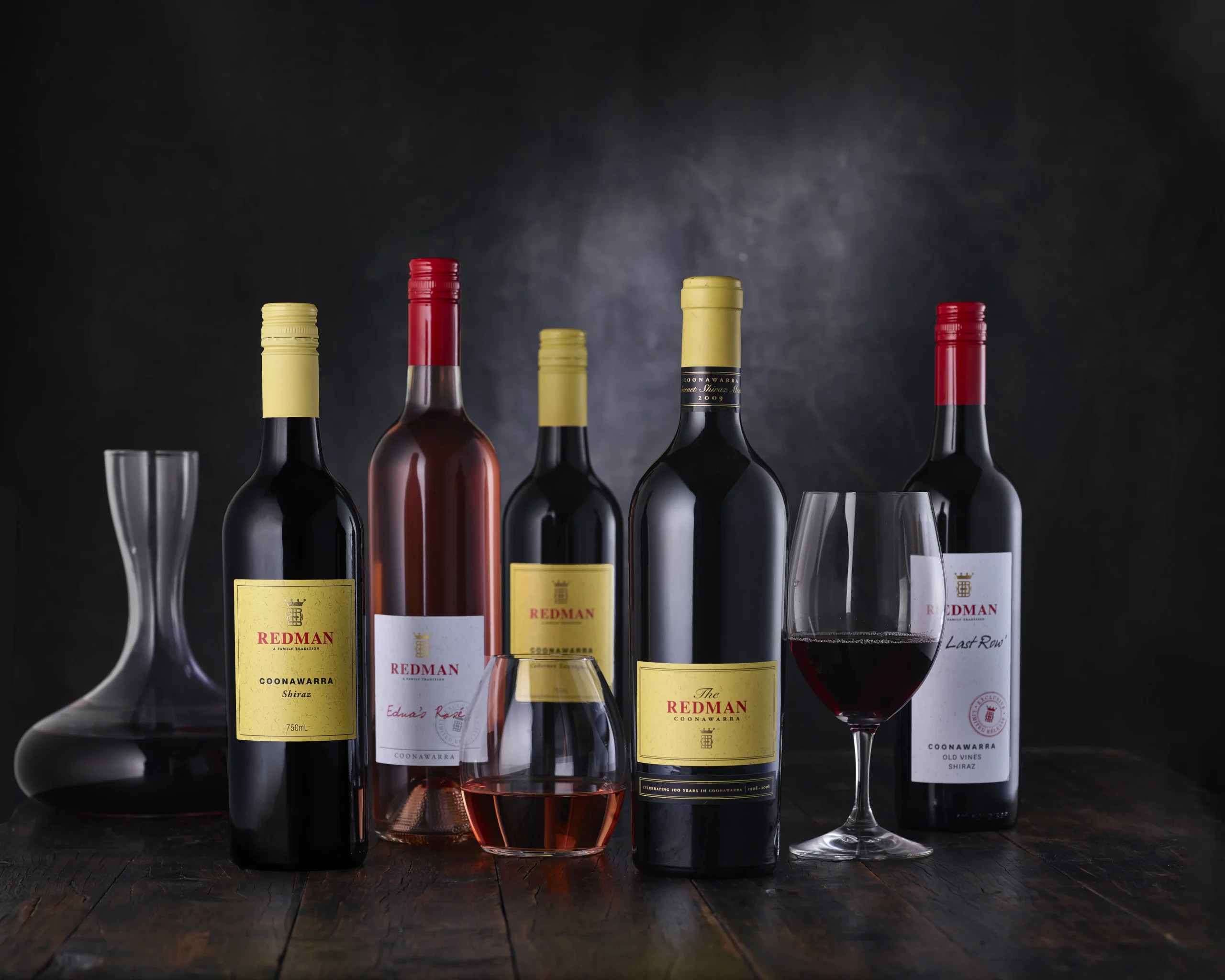Redman Wine bottles, glasses and decanter