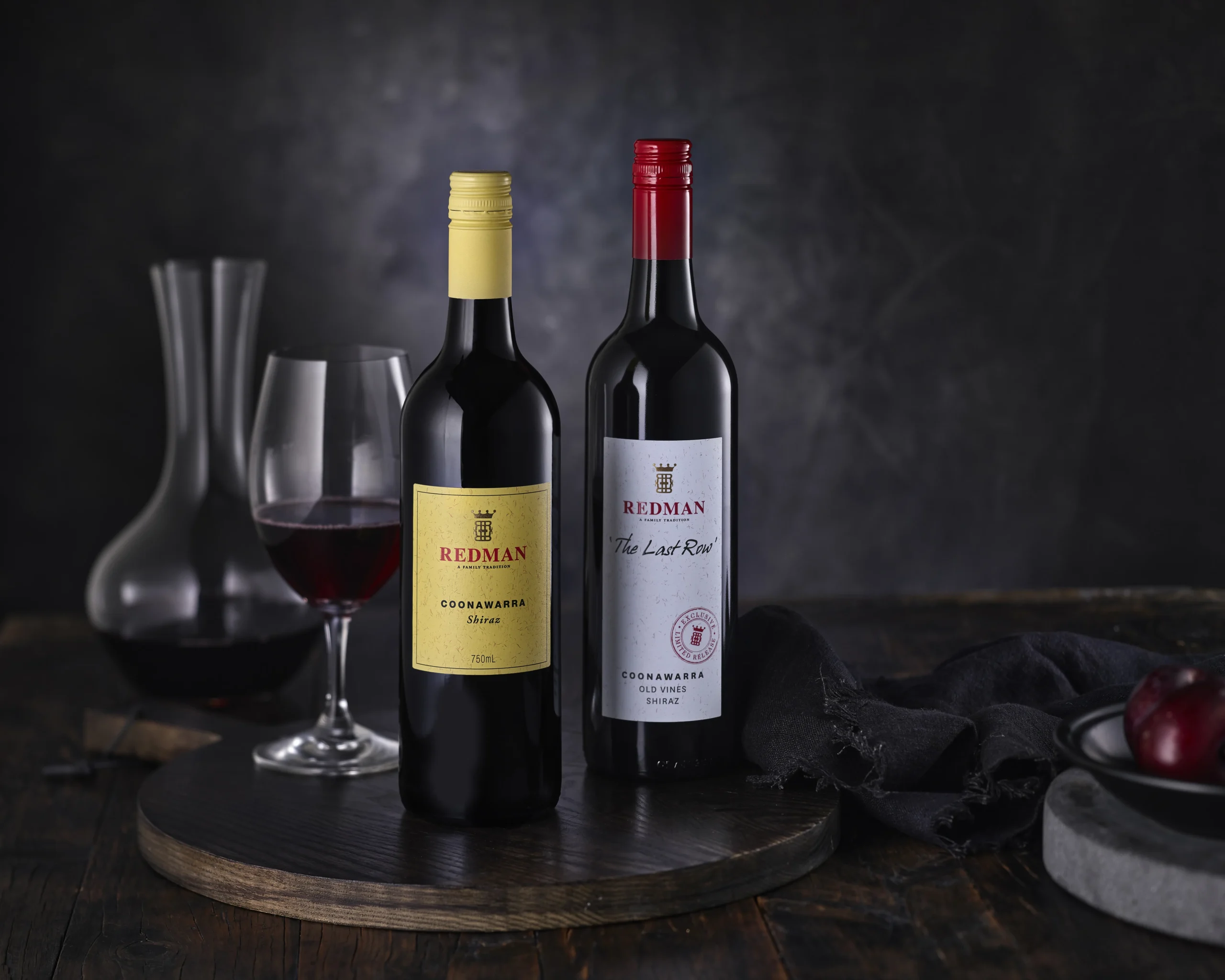 Redman wine bottles and glasses